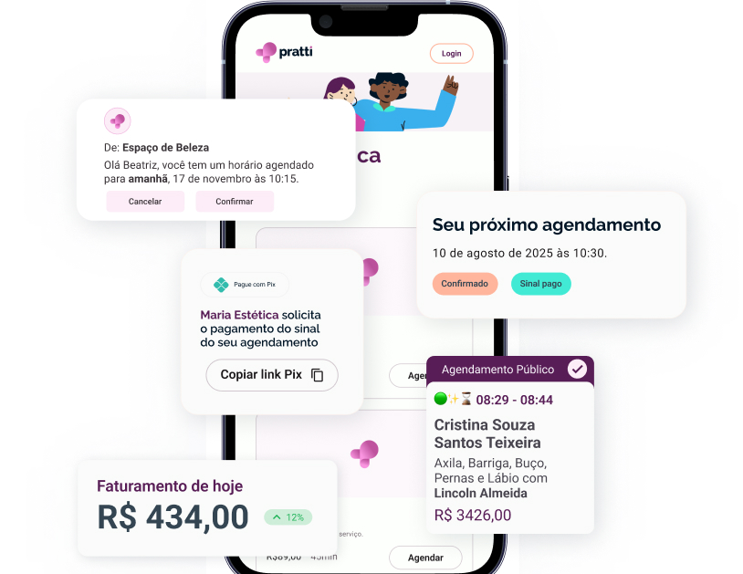 Marquei.link funcionando no celular com notificações de agendamento e faturamento